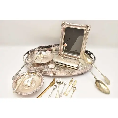 AN ASSORTMENT OF SILVER PLATE, to include a tray, assorted d...