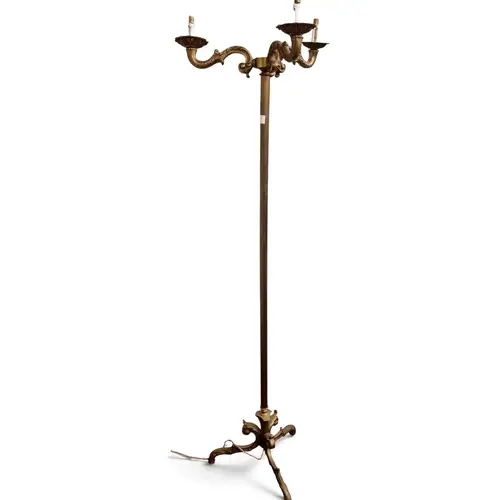 A 20th Century triple arm Brass Standard Lamp and shade. H 1...