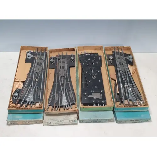Four boxed pairs of Hornby 0 gauge steel 3-rail EPL3 and EPR...