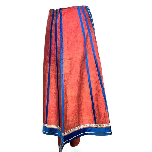 An antique Chinese brick red damask silk wrap skirt with blu...
