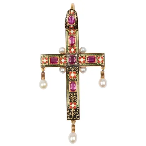 A fine Victorian Renaissance Revival-style pearl, ruby and e...