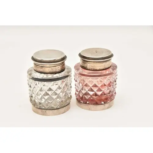 PAIR OF SILVER TOPPED INKWELLS, cut glass ink wells, both fi...