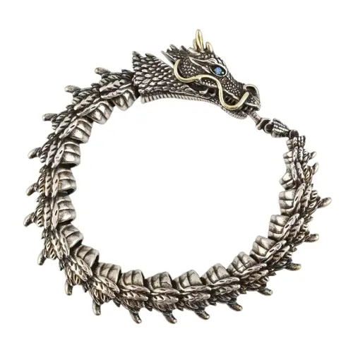 Statement contemporary silver dragon bracelet with blue past...
