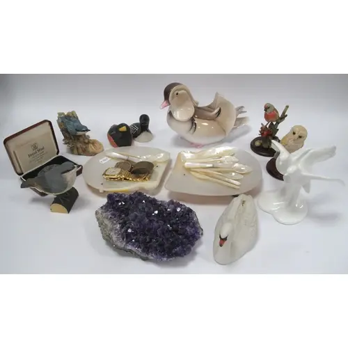 Collectables, including amethyst crystal cluster, two mother...