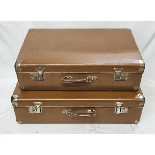 2 Vintage Brown Vinyl Suitcases, largest approx. 64cm W