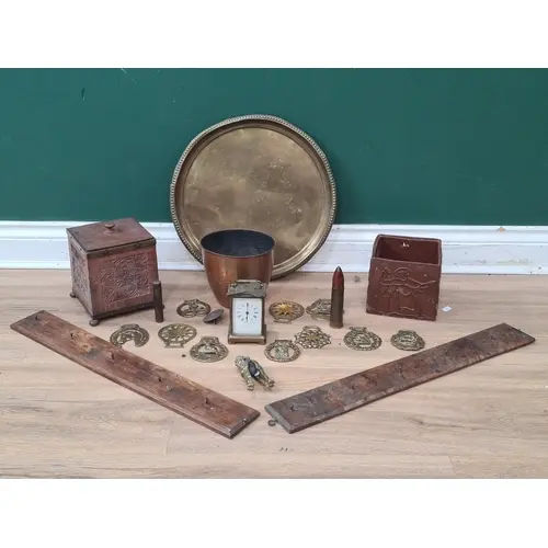 A brass Tray, a brass Carriage Clock, a brass Shell Casing, ...