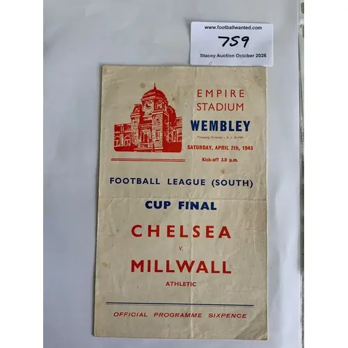 1945 FA Cup Final Football Programme: Chelsea v Millwall at ...