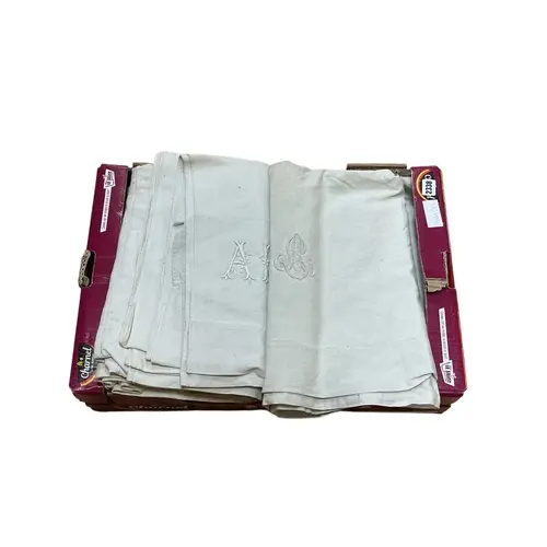 Six vintage French monogrammed linen sheets