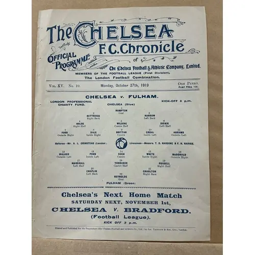 1919 - 1920 Chelsea v Fulham Football Programme: Single shee...