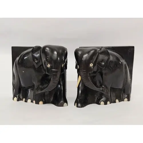 Pair Hardwood Carved Elephant Bookends A/f (tusks missing)