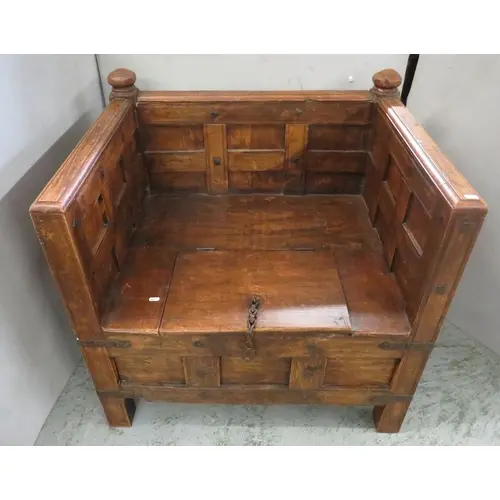 Dark Wooden Box Chair, rustic style with hinged storage seat...