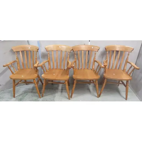 Set of 4 Beech Slat Backed Farmhouse Carver Chairs, turned s...
