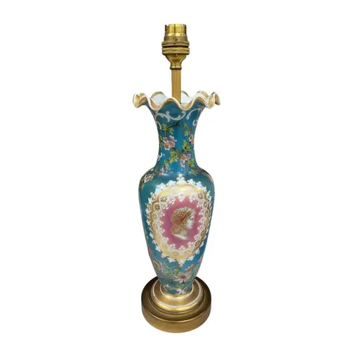 A 19th century French blue opaline glass vase painted in bri...