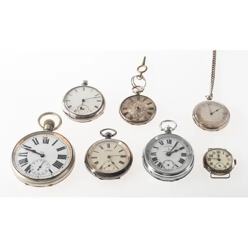 Six various pocket watches and one silver wristwatch to incl...