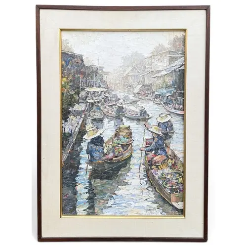 20TH CENTURY THAI RIVER MARKET Oil on canvas. 60cm x 40cm Fr...