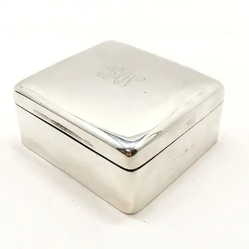 Silver hallmarked cigarette box with wooden liner and weight...