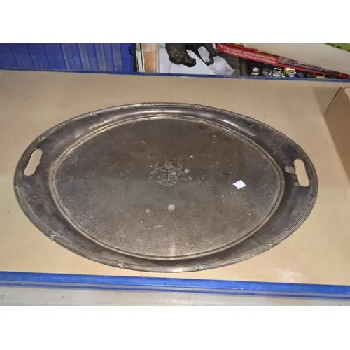 A large silver plated tray with central armorial engraving&n...