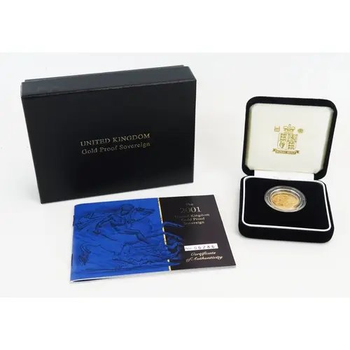 2001 United Kingdom gold proof sovereign. Boxed with COA no....