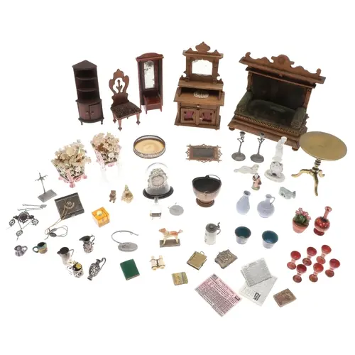 DOLLS HOUSE FURNITURE & ACCESSORIES. Including an upholstere...