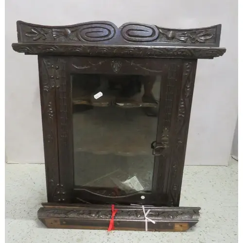 Antique Dark stained Oak Wall Hanging Corner Cabinet, top wi...