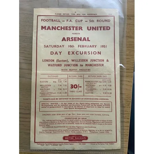 50/51 Manchester United v Arsenal Railway Hand Bill: For tra...