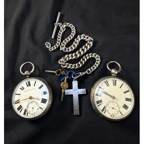 Two silver open faced pocket watches and a silver Albert cha...
