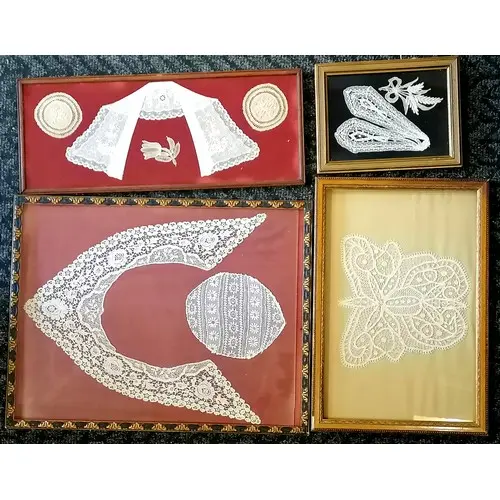4 framed samples of antique lace- largest 49cm x 38cm - fram...