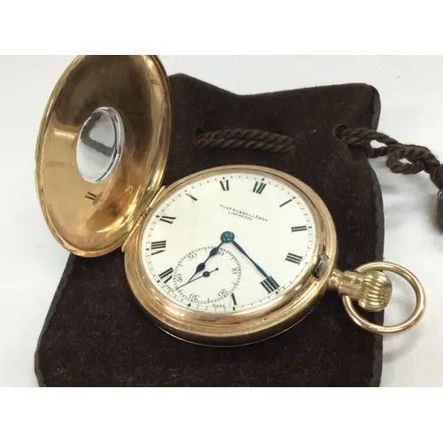 A 9ct gold Thomas Russel 1/2 hunter pocket watch, seen worki...