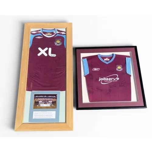 TWO SIGNED WEST HAM UNITED FOOTBALL SHIRTS Framed and glazed...