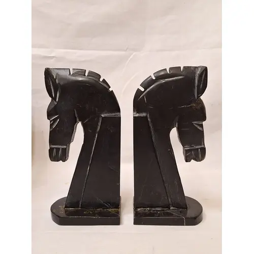 Pair Vintage Black Stone Horse Head Shaped Bookends approx. ...
