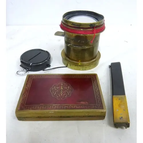 Box of vintage curios including compass, card case etc.