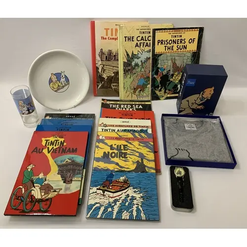 Tin Tin Ephemera incl. Tin Tin Glass, boxed Tin Tin T-shirt ...