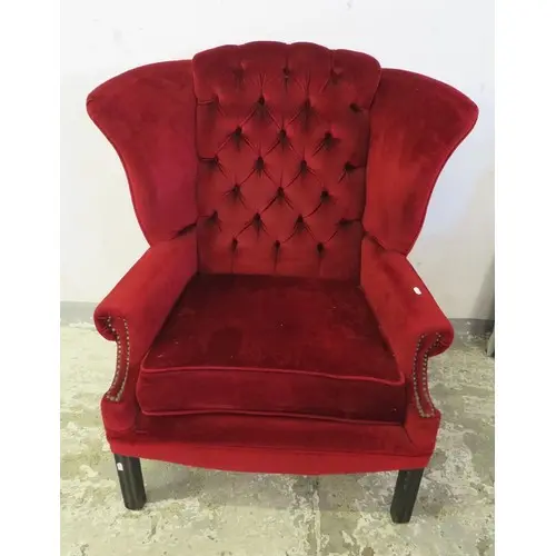Deep Button Wing Backed Armchair, red upholstery, wooden sup...