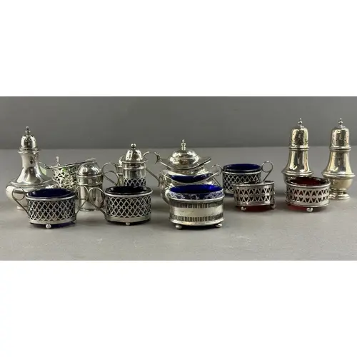 Silver: a group of condiment items, various designs, dates a...