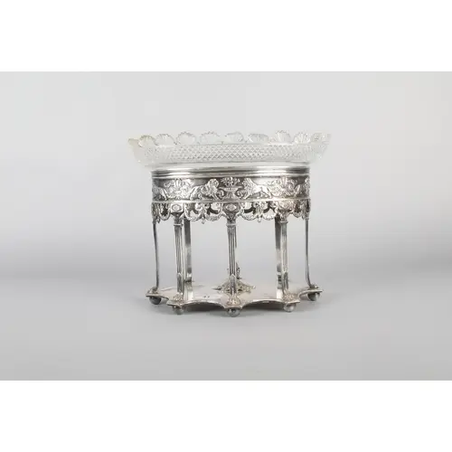 Victorian EPNS table centrepiece, the oval cut glass bowl r...