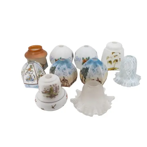 A MIXED GROUP OF TEN VINTAGE GLASS LAMP SHADES circular and ...