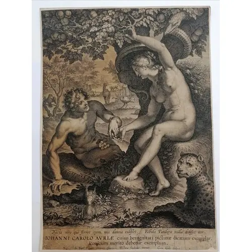 Antique engraving of 'Adam and Eve' by Cornelius Galle the e...