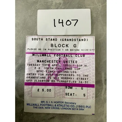 1993 Millwall v Manchester United Youth Cup Football Ticket:...