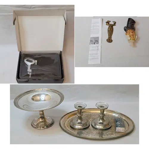Silver Plated Oval Tray, silver plated tazza, pair candlesti...