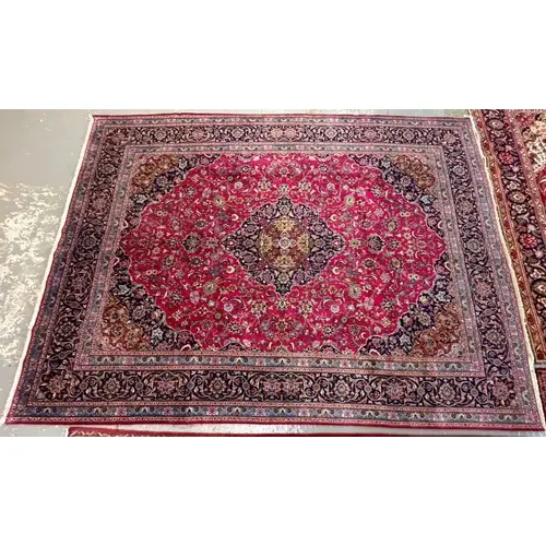 Persian Mashad red and blue ground hand woven carpet with ce...