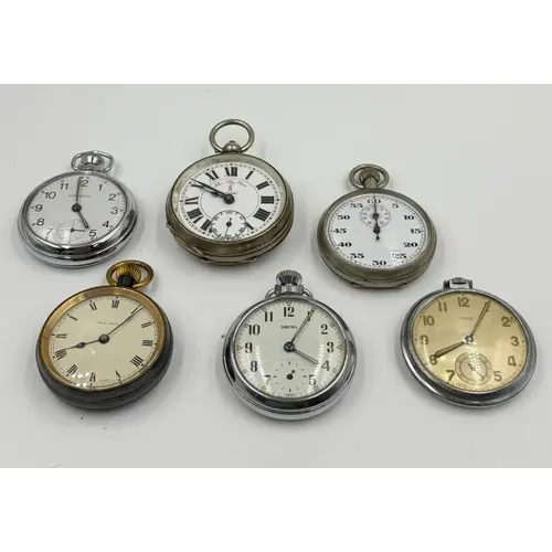 A selection of six pocket watches and stop watches.