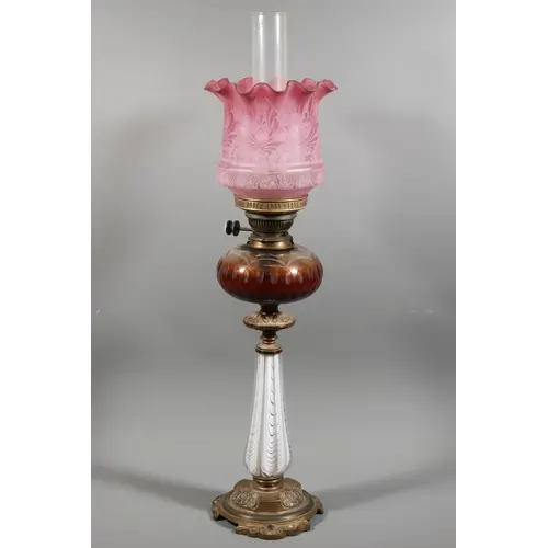 Victorian Hinks Duplex No.2 paraffin lamp cranberry etched f...