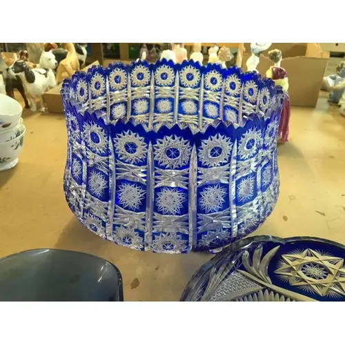 vintage Bohemian blue crystal punch bowl along with two...