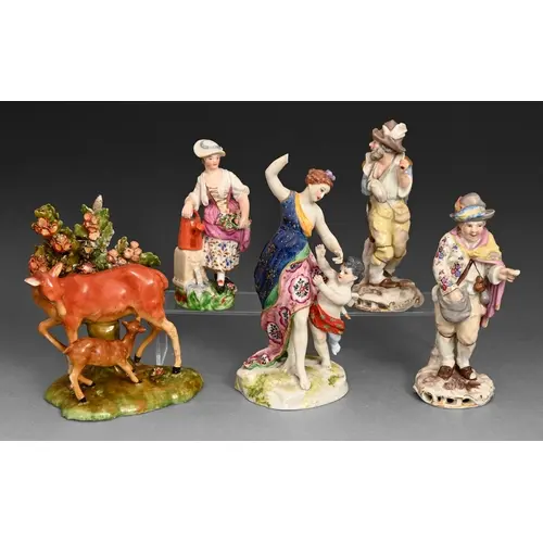 Four continental porcelain figures, after the Derby original...