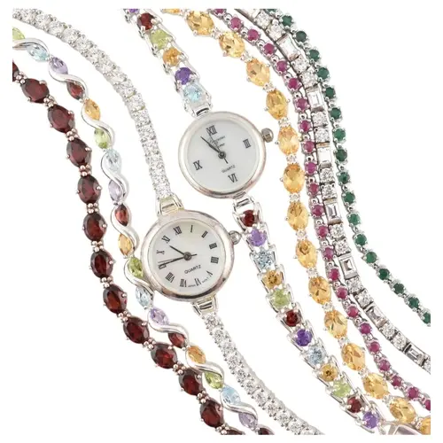 A selection of six silver gem set tennis bracelets and two s...