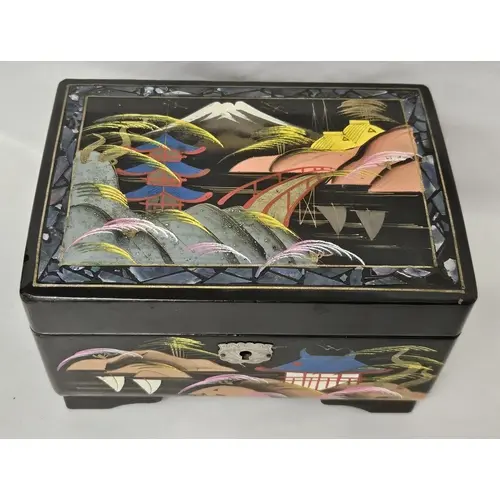 Black Lacquered Chinoiserie Musical Jewellery Box, handpaint...