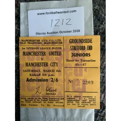 1968/69 Manchester United v Man City Yellow Football Ticket:...