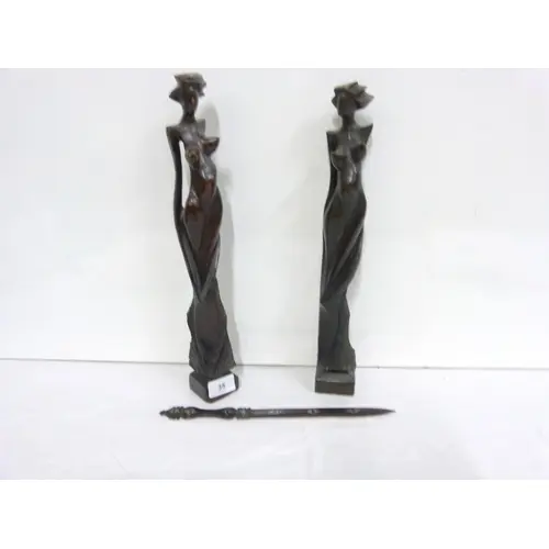 Two hand carved Art Deco figures 38cm and an inlaid letter o...