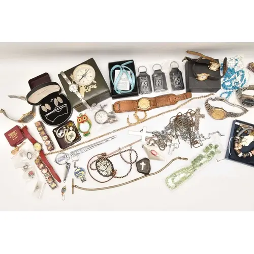 A BOX OF ASSORTED ITEMS, to include a white metal open face ...