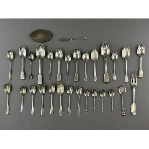 Silver: four picture back teaspoons, four Victorian eggspoon...